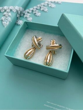 Tiffany Co 1990 Vintage Signature X Rope Drop Earrings Sterling Silver& 18K Gold